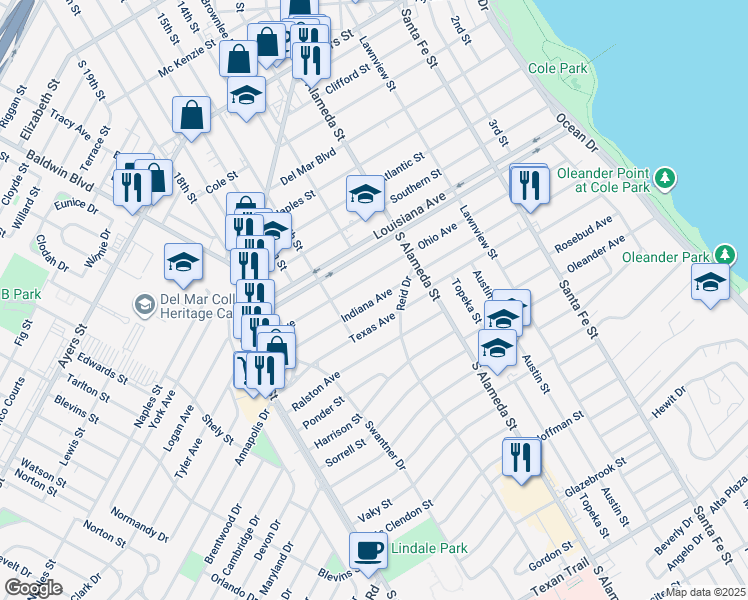 map of restaurants, bars, coffee shops, grocery stores, and more near 601 Ohio Avenue in Corpus Christi