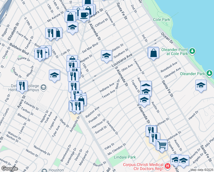 map of restaurants, bars, coffee shops, grocery stores, and more near 601 Ohio Avenue in Corpus Christi