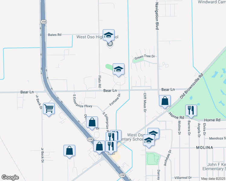 map of restaurants, bars, coffee shops, grocery stores, and more near 5413 Bear Lane in Corpus Christi
