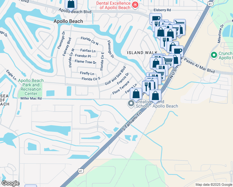 map of restaurants, bars, coffee shops, grocery stores, and more near 6009 Flora Terrace in Apollo Beach