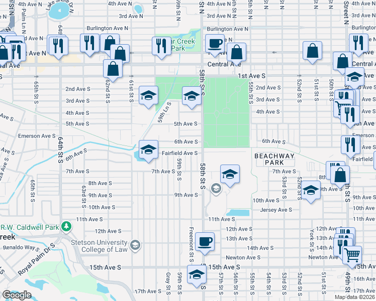 map of restaurants, bars, coffee shops, grocery stores, and more near 5830 6th Avenue South in St. Petersburg