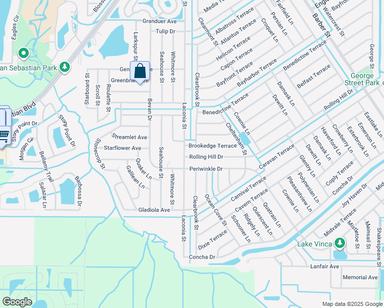 map of restaurants, bars, coffee shops, grocery stores, and more near 795 Rolling Hill Drive in Sebastian