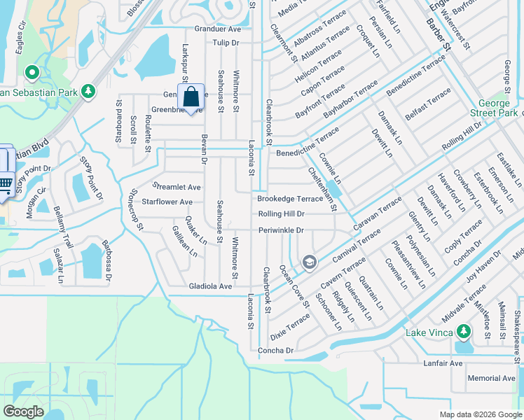 map of restaurants, bars, coffee shops, grocery stores, and more near 798 Brookedge Terrace in Sebastian