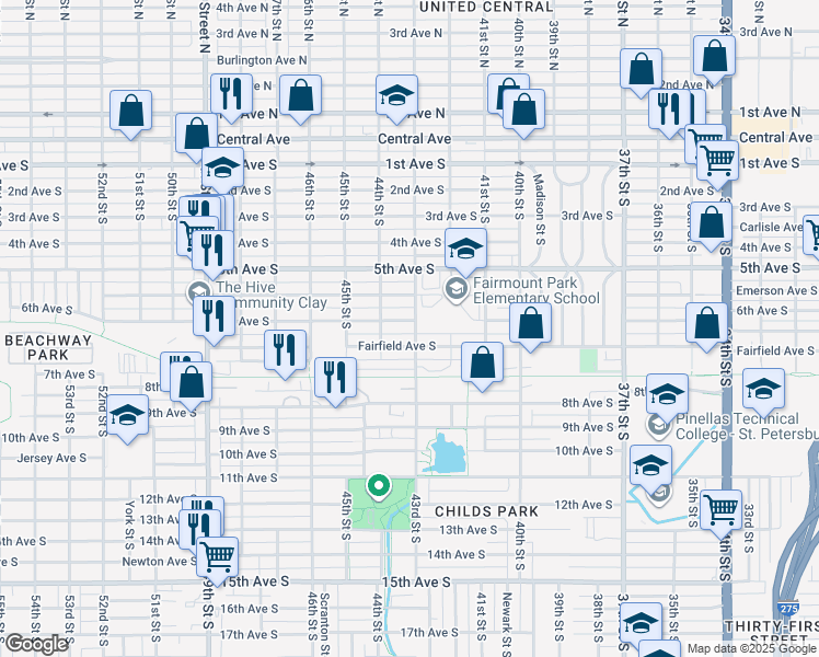 map of restaurants, bars, coffee shops, grocery stores, and more near 4309 6th Avenue South in St. Petersburg