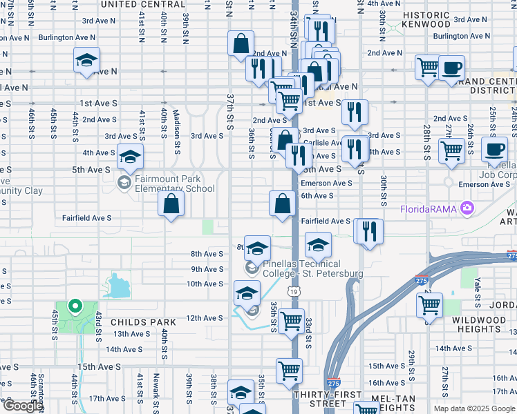 map of restaurants, bars, coffee shops, grocery stores, and more near 3539 6th Avenue South in St. Petersburg