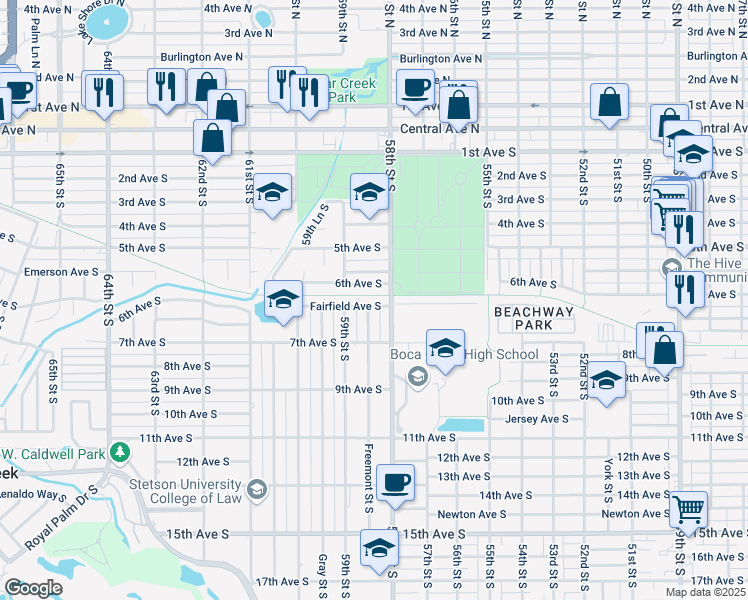 map of restaurants, bars, coffee shops, grocery stores, and more near 5830 6th Avenue South in St. Petersburg