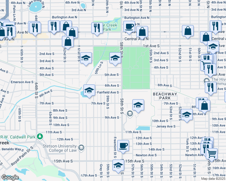 map of restaurants, bars, coffee shops, grocery stores, and more near 5830 6th Avenue South in St. Petersburg