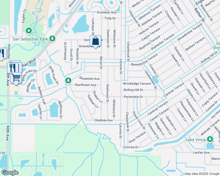map of restaurants, bars, coffee shops, grocery stores, and more near 1440 Seahouse Street in Sebastian