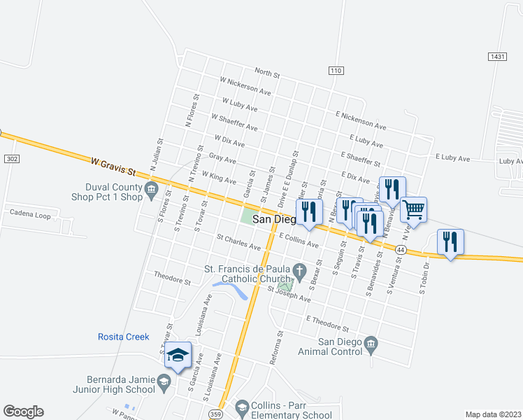 map of restaurants, bars, coffee shops, grocery stores, and more near 100 Street James Street in San Diego