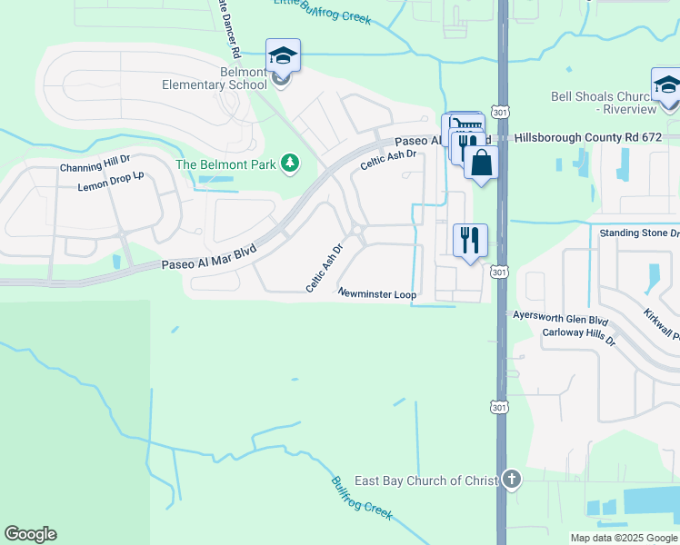 map of restaurants, bars, coffee shops, grocery stores, and more near 10027 Newminster Loop in Ruskin
