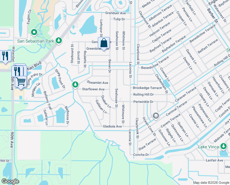 map of restaurants, bars, coffee shops, grocery stores, and more near 1455 Bevan Drive in Sebastian