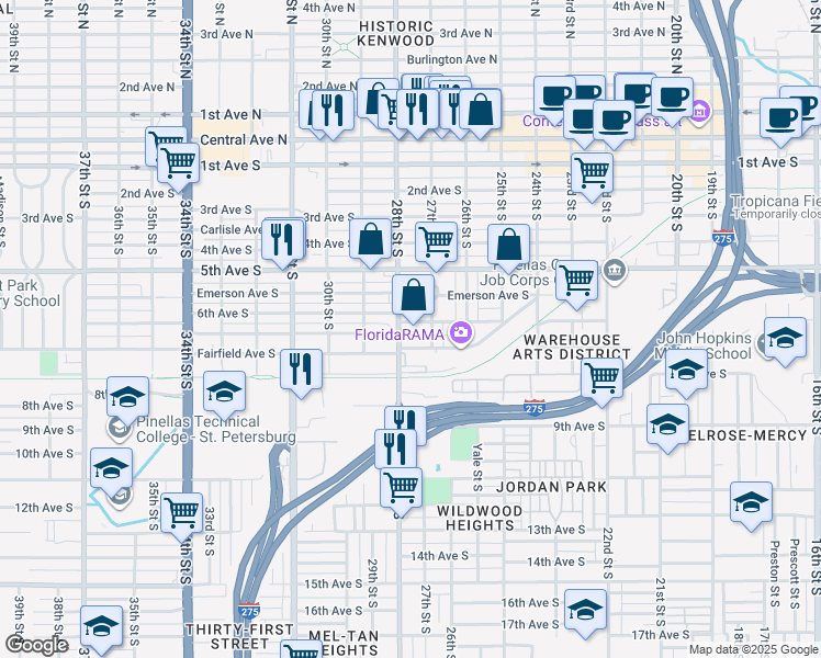 map of restaurants, bars, coffee shops, grocery stores, and more near 558 28th Street South in St. Petersburg