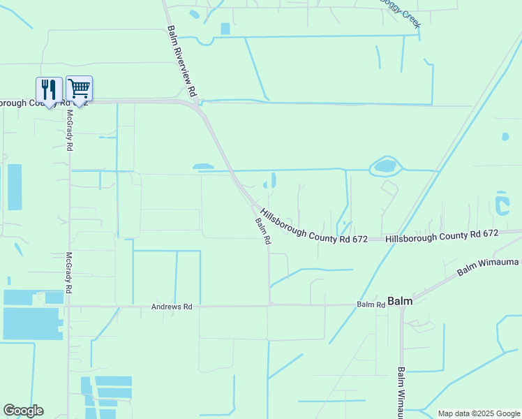 map of restaurants, bars, coffee shops, grocery stores, and more near 13110 County Road 672 in Riverview