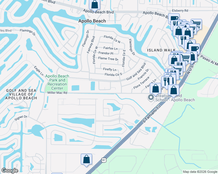 map of restaurants, bars, coffee shops, grocery stores, and more near 518 Golf and Sea Boulevard in Apollo Beach