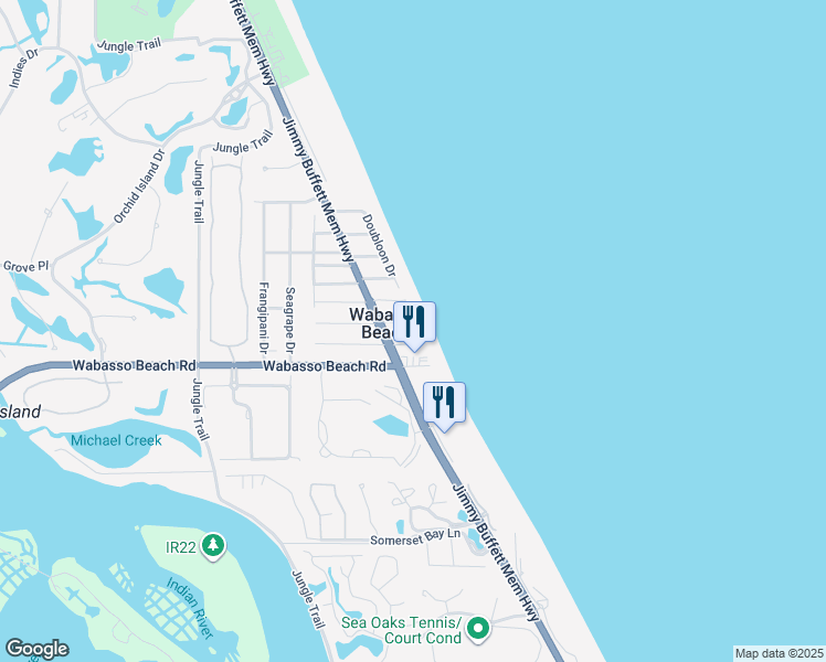 map of restaurants, bars, coffee shops, grocery stores, and more near 1821 East Barefoot Place in Vero Beach
