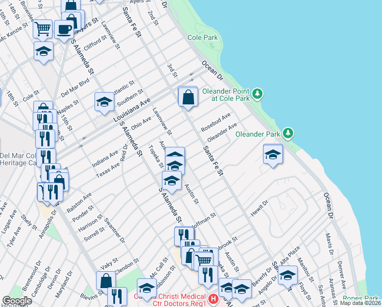 map of restaurants, bars, coffee shops, grocery stores, and more near 317 Oleander Avenue in Corpus Christi