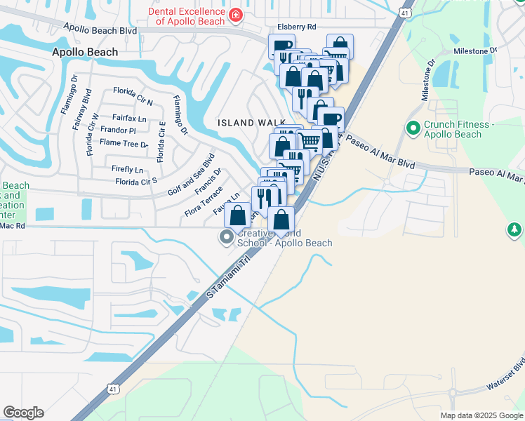 map of restaurants, bars, coffee shops, grocery stores, and more near 6023 Fortune Place in Apollo Beach