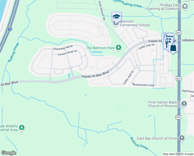 map of restaurants, bars, coffee shops, grocery stores, and more near 9936 Victory Gallop Loop in Ruskin