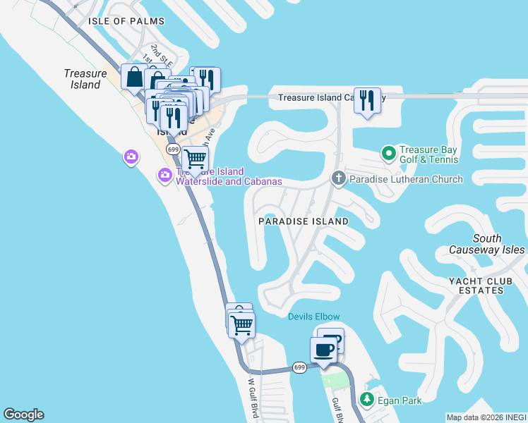 map of restaurants, bars, coffee shops, grocery stores, and more near 10138 Yacht Club Drive in Treasure Island