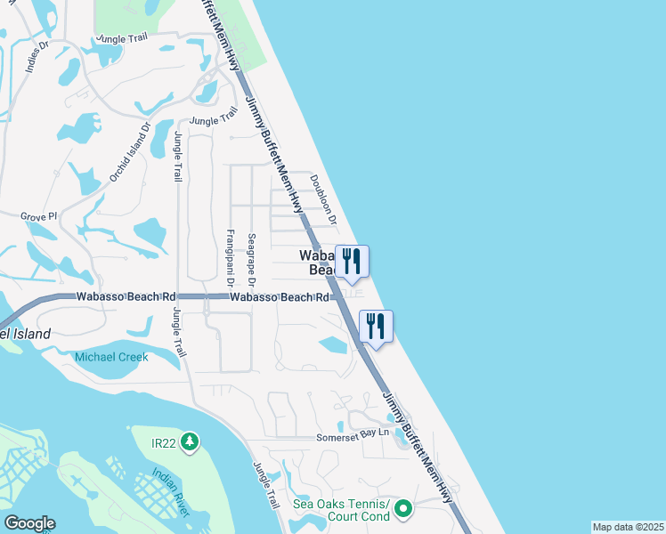 map of restaurants, bars, coffee shops, grocery stores, and more near 1881 East Barefoot Place in Vero Beach