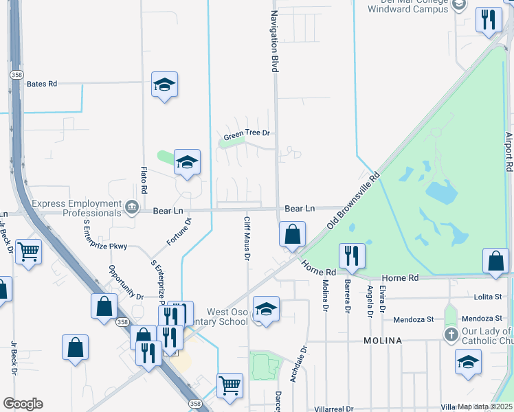 map of restaurants, bars, coffee shops, grocery stores, and more near 5021 Green Park Drive in Corpus Christi