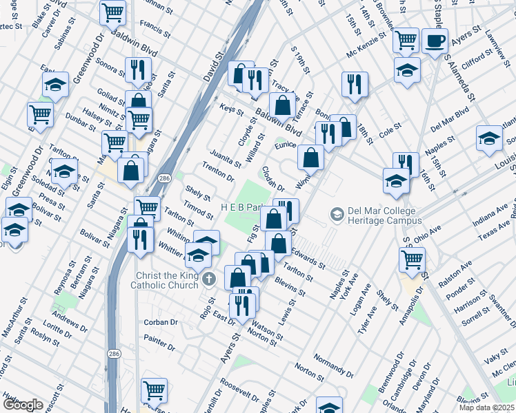 map of restaurants, bars, coffee shops, grocery stores, and more near 1520 Shely Street in Corpus Christi