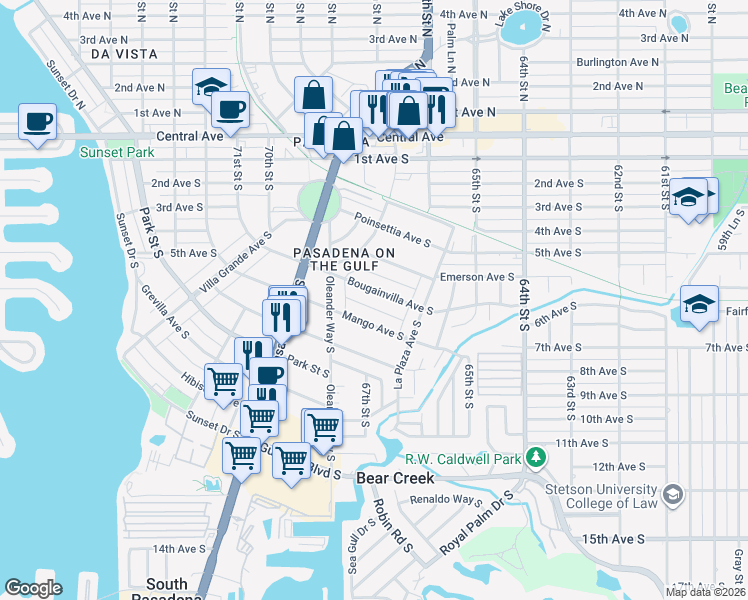 map of restaurants, bars, coffee shops, grocery stores, and more near 6700 Bougainvilla Avenue South in St. Petersburg