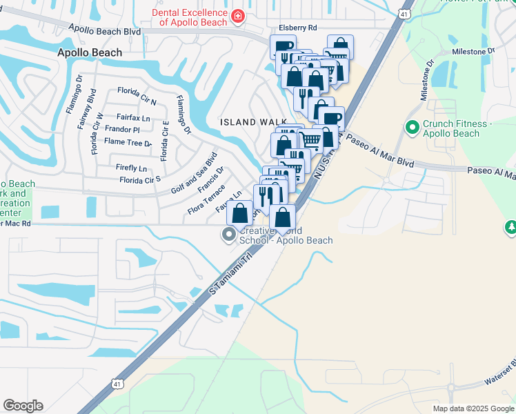 map of restaurants, bars, coffee shops, grocery stores, and more near 6023 Fortune Place in Apollo Beach
