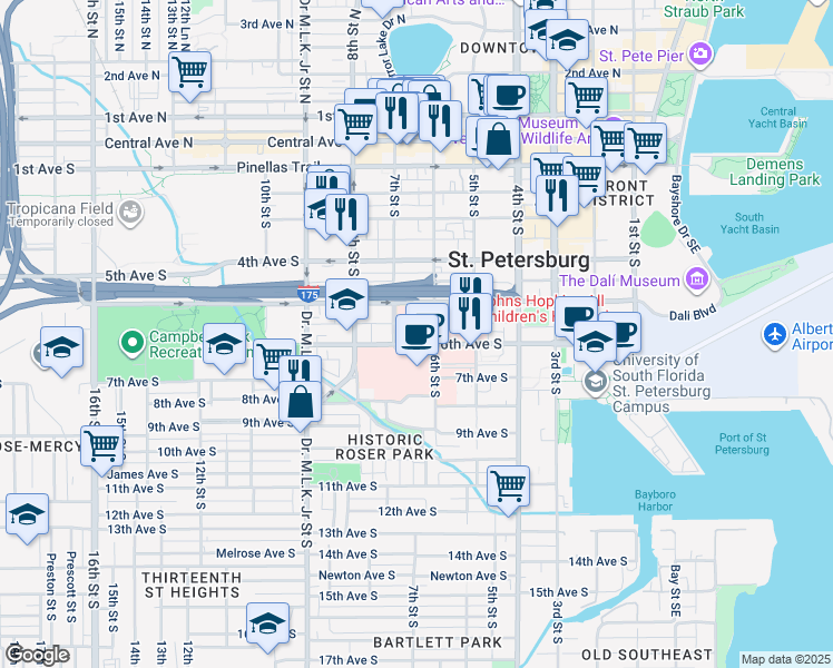 map of restaurants, bars, coffee shops, grocery stores, and more near 555 7th Street South in St. Petersburg