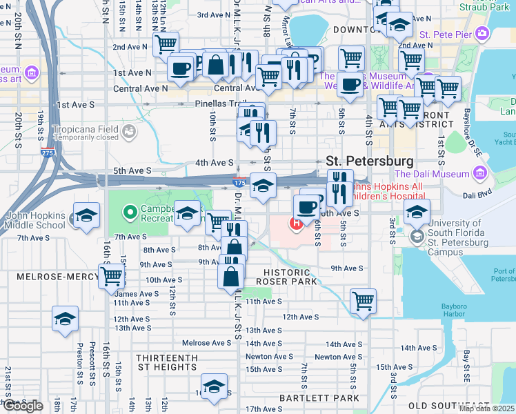 map of restaurants, bars, coffee shops, grocery stores, and more near 828 5th Avenue South in St. Petersburg