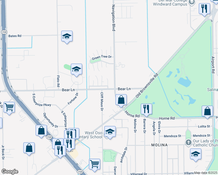 map of restaurants, bars, coffee shops, grocery stores, and more near 112 Green Point Drive in Corpus Christi