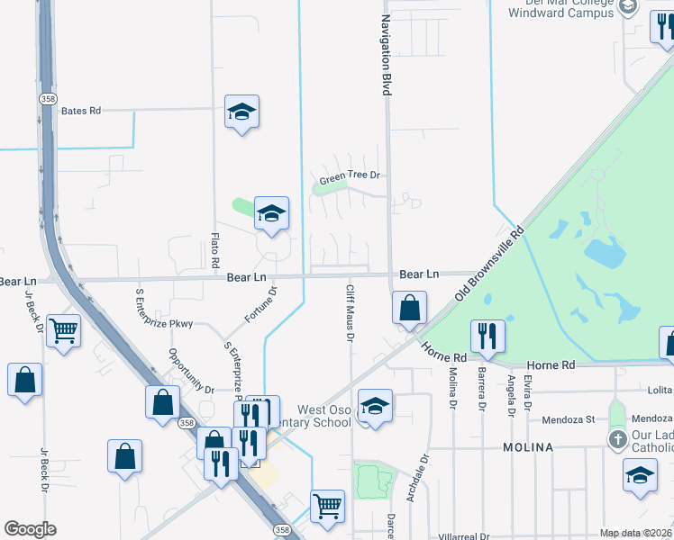 map of restaurants, bars, coffee shops, grocery stores, and more near 102 Green Trail Drive in Corpus Christi