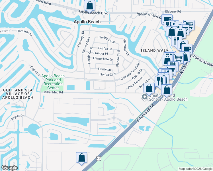map of restaurants, bars, coffee shops, grocery stores, and more near 506 Golf and Sea Boulevard in Apollo Beach