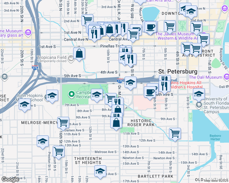 map of restaurants, bars, coffee shops, grocery stores, and more near 555 Doctor Martin Luther King Junior Street South in St. Petersburg