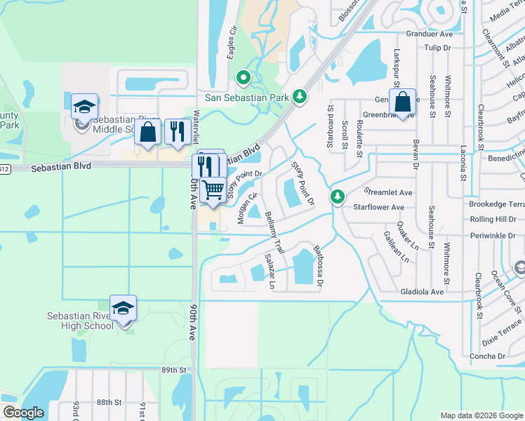 map of restaurants, bars, coffee shops, grocery stores, and more near 126 Bellamy Trail in Sebastian