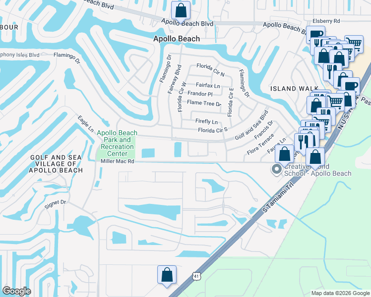 map of restaurants, bars, coffee shops, grocery stores, and more near 542 Red Mangrove Lane in Apollo Beach