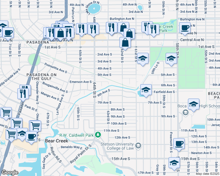 map of restaurants, bars, coffee shops, grocery stores, and more near 6259 6th Avenue South in Saint Petersburg