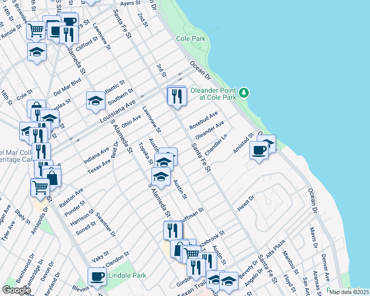 map of restaurants, bars, coffee shops, grocery stores, and more near 318 Breezeway Avenue in Corpus Christi