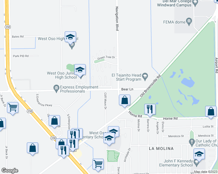 map of restaurants, bars, coffee shops, grocery stores, and more near 5025 Green Park Drive in Corpus Christi