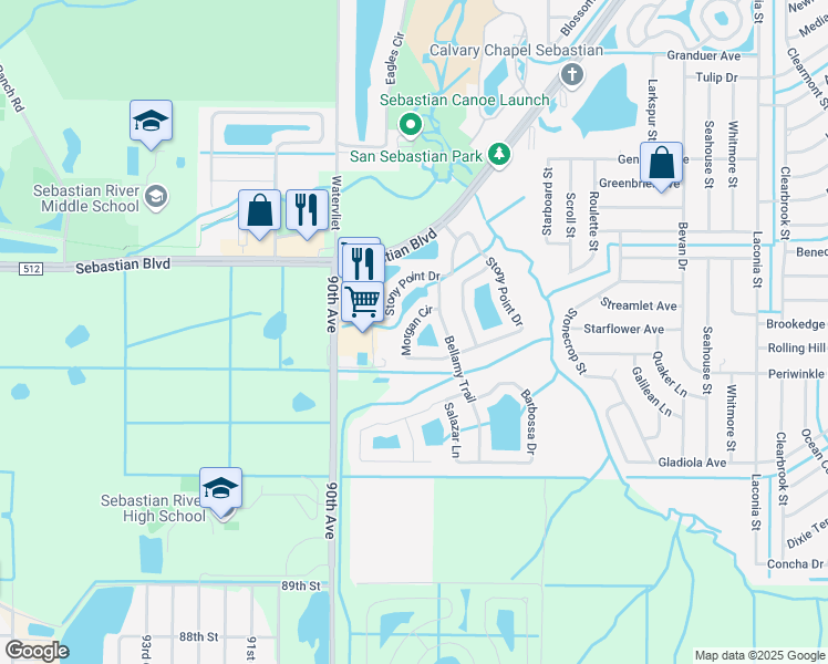 map of restaurants, bars, coffee shops, grocery stores, and more near 115 Morgan Circle in Sebastian