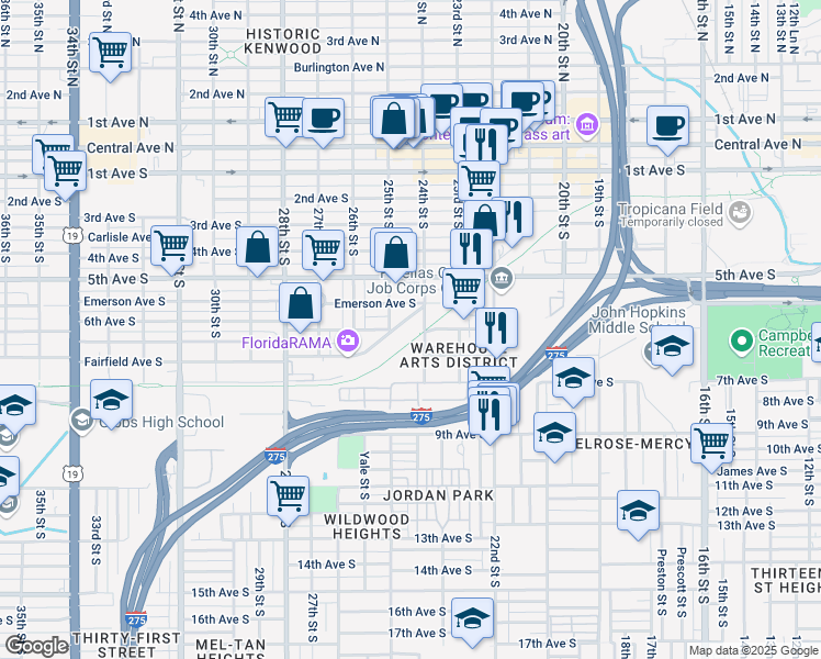 map of restaurants, bars, coffee shops, grocery stores, and more near 2430 Terminal Drive South in Saint Petersburg