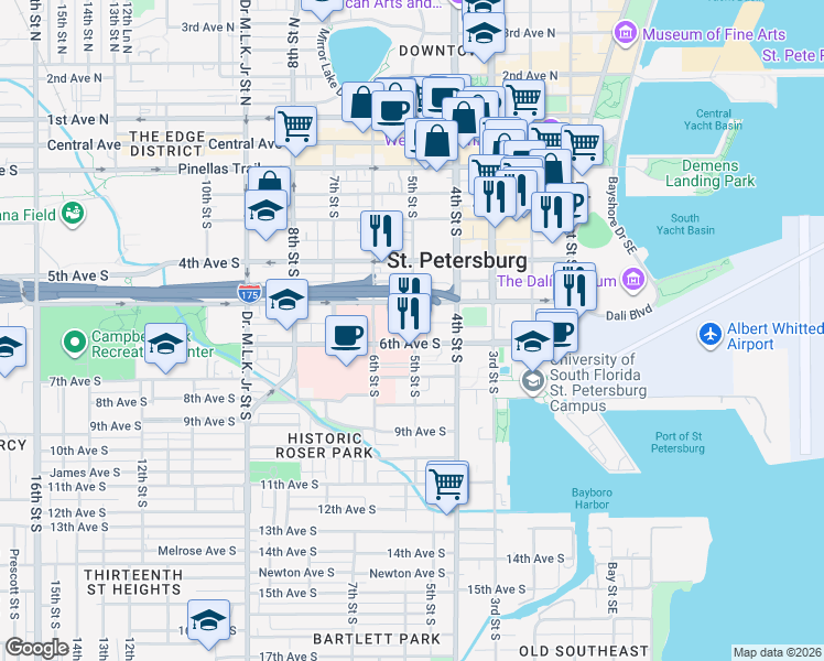 map of restaurants, bars, coffee shops, grocery stores, and more near 501 6th Avenue South in St. Petersburg