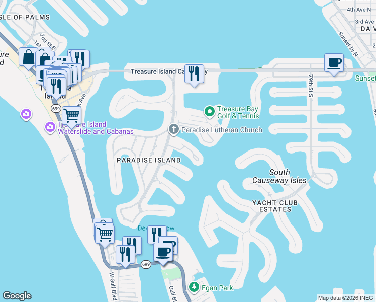 map of restaurants, bars, coffee shops, grocery stores, and more near 501 Plaza Seville Court in Treasure Island
