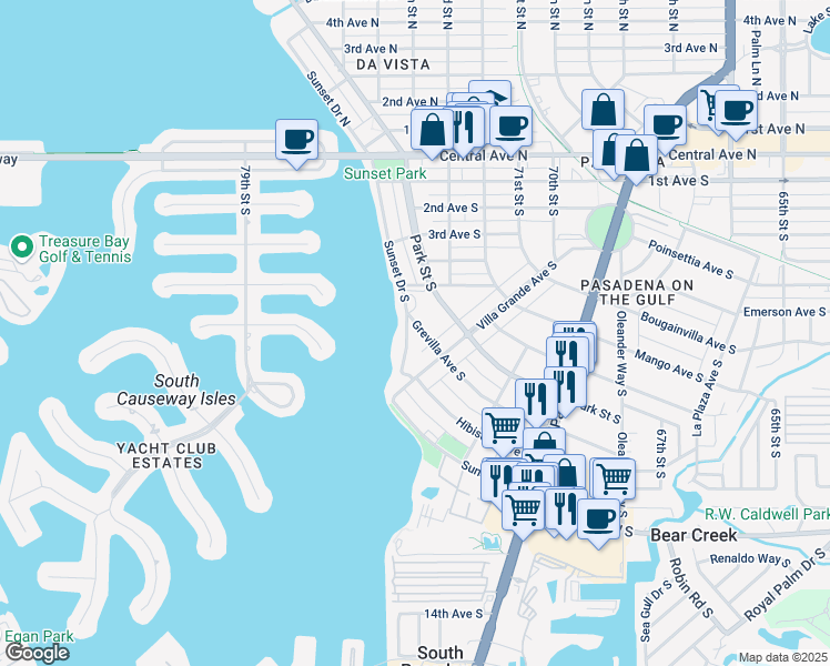 map of restaurants, bars, coffee shops, grocery stores, and more near 618 Sunset Drive South in St. Petersburg