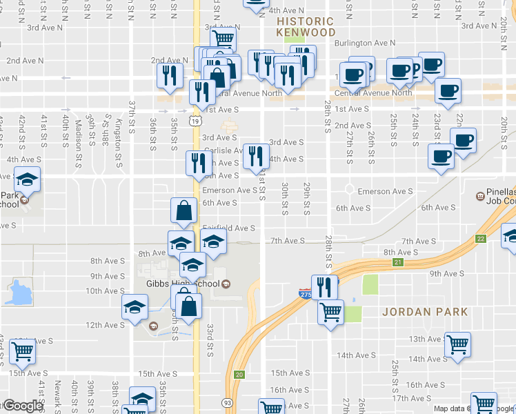 map of restaurants, bars, coffee shops, grocery stores, and more near 3101 6th Avenue South in St. Petersburg