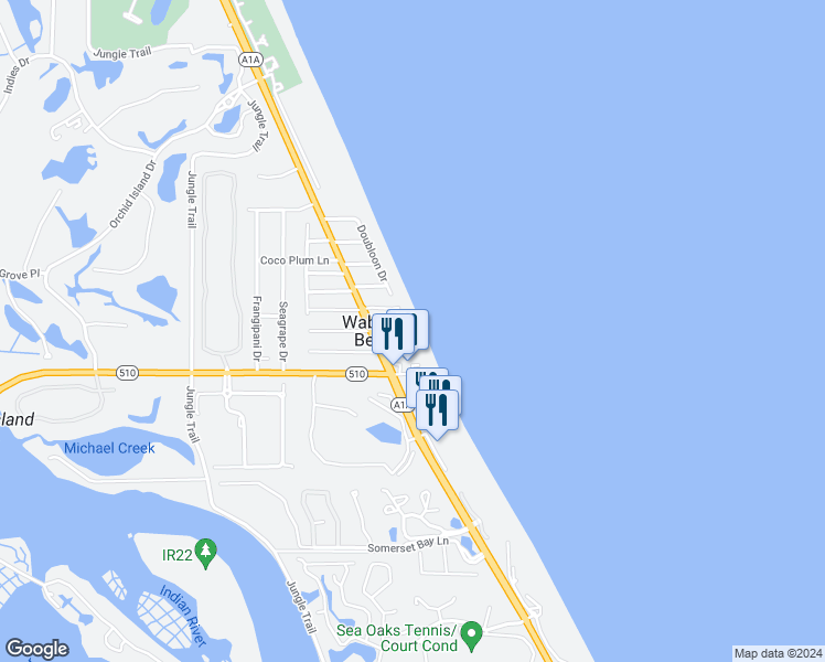 map of restaurants, bars, coffee shops, grocery stores, and more near 1801 East Barefoot Place in Vero Beach