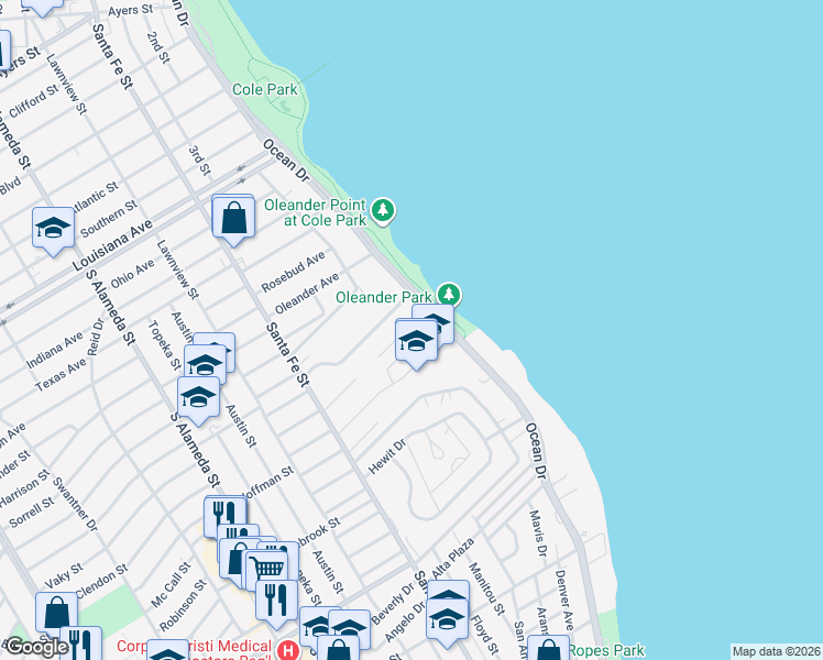 map of restaurants, bars, coffee shops, grocery stores, and more near 117 Kush Lane in Corpus Christi