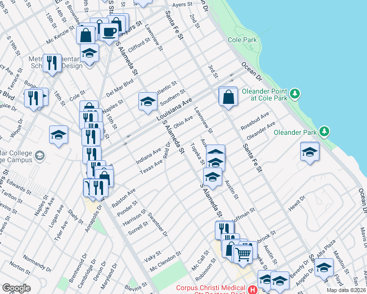 map of restaurants, bars, coffee shops, grocery stores, and more near 467 Texas Avenue in Corpus Christi