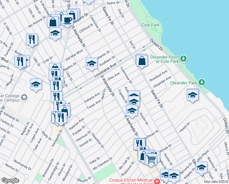 map of restaurants, bars, coffee shops, grocery stores, and more near 467 Texas Avenue in Corpus Christi