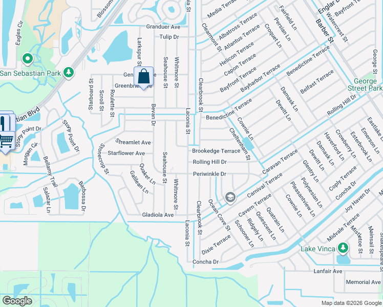 map of restaurants, bars, coffee shops, grocery stores, and more near 798 Brookedge Terrace in Sebastian